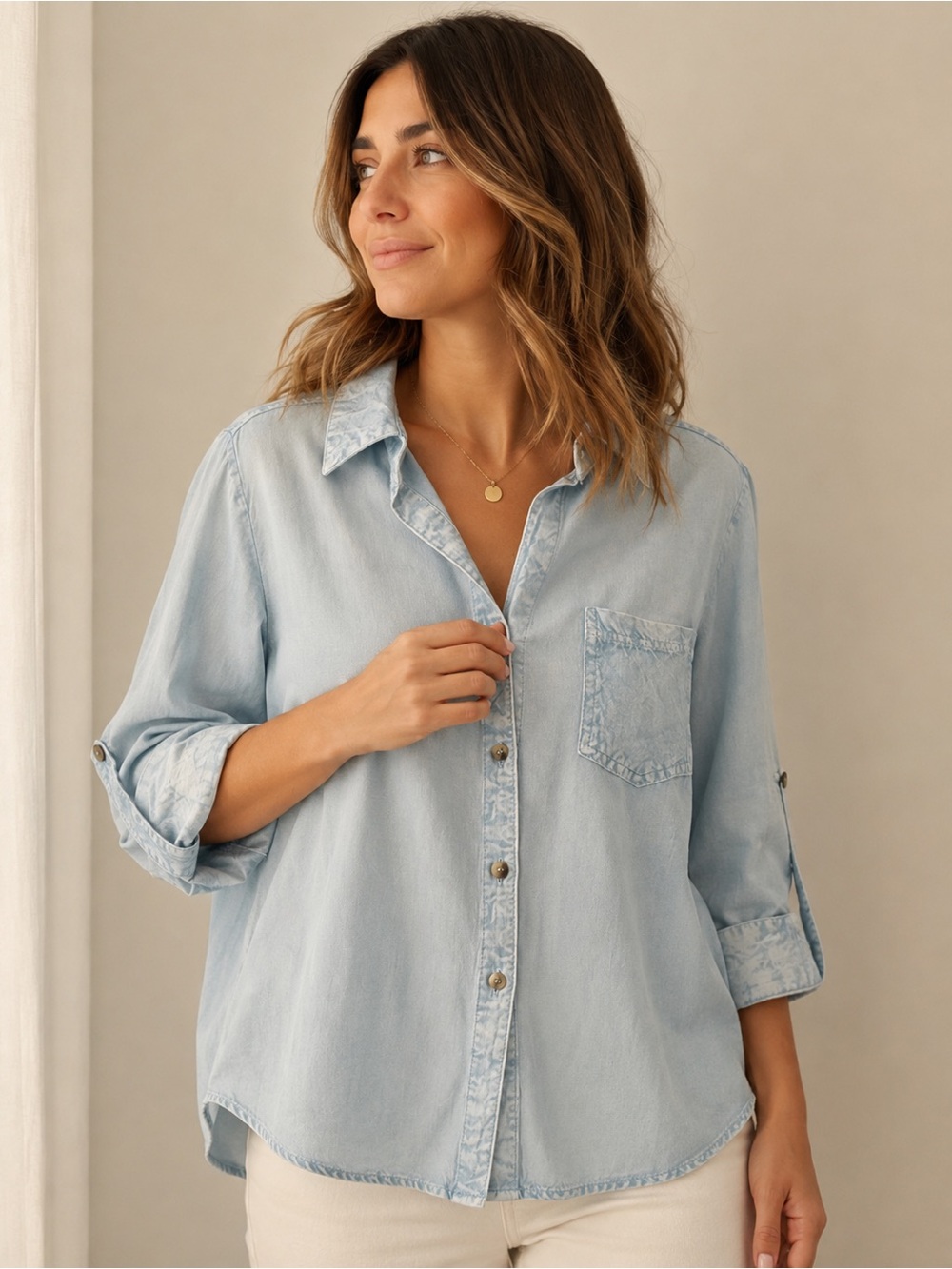 Sim & Sam Chambray Button Up Shirt Medium Blue Lightweight